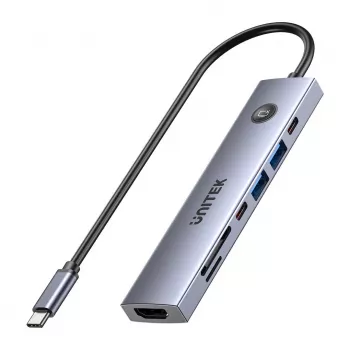 USB-C hub Unitek H1124AGY01 s 100W PD, HDMI 2.0, 2x USB‑A, 2x USB‑C, SD/microSD čítačka kariet — hliník