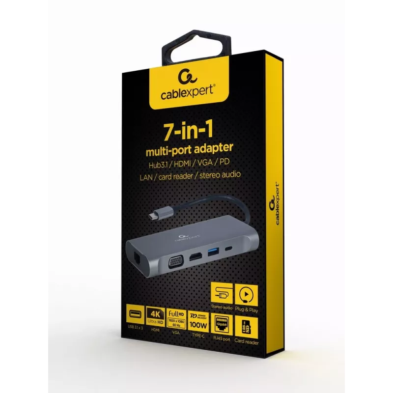 Gembird A-CM-COMBO7-01 dokovacia stanica/port replikátor pre notebook USB 3.2 Gen 1 (3.1 Gen 1) Type-A sivý