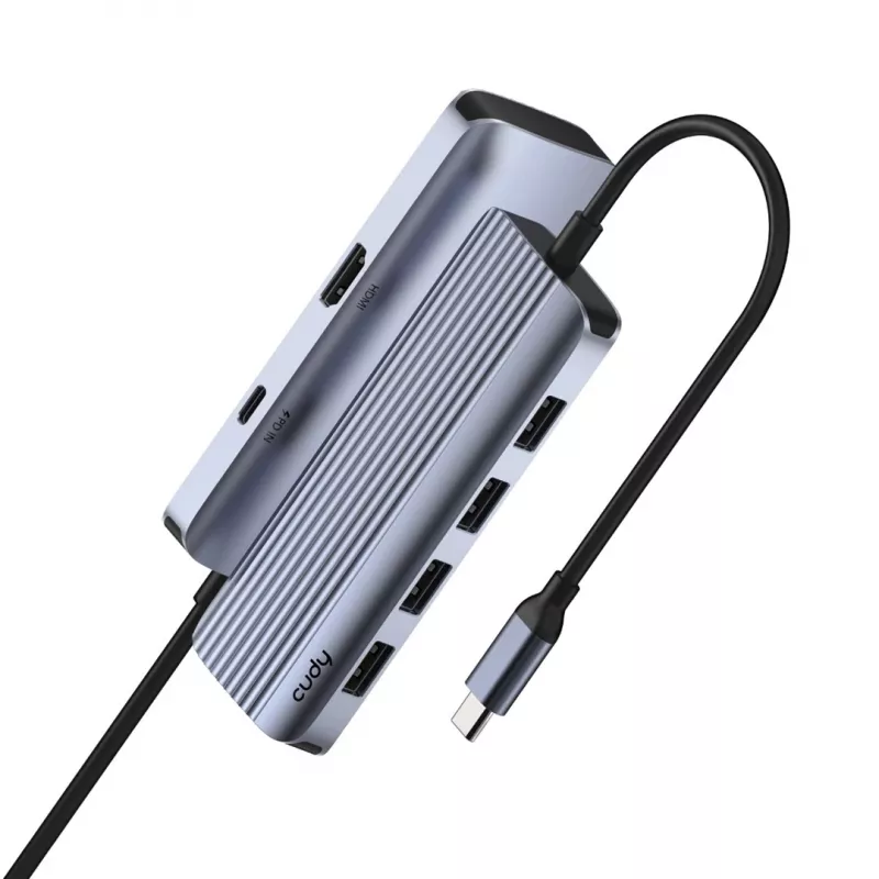 USB-C hub Cudy UH500 — USB 3.2 Gen 1 Type-C host, 6 portov s USB 3.2 Gen 1 Type-A a HDMI, 5000 Mbit/s, sivý/strieborný