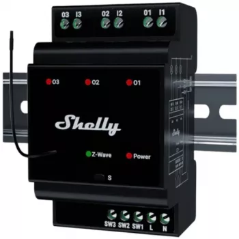 Inteligentné relé Shelly Wave PRO 3 — čierna, plastové puzdro, 110–240 V AC, 50–60 Hz, 0,3 W, 53×59×96 mm