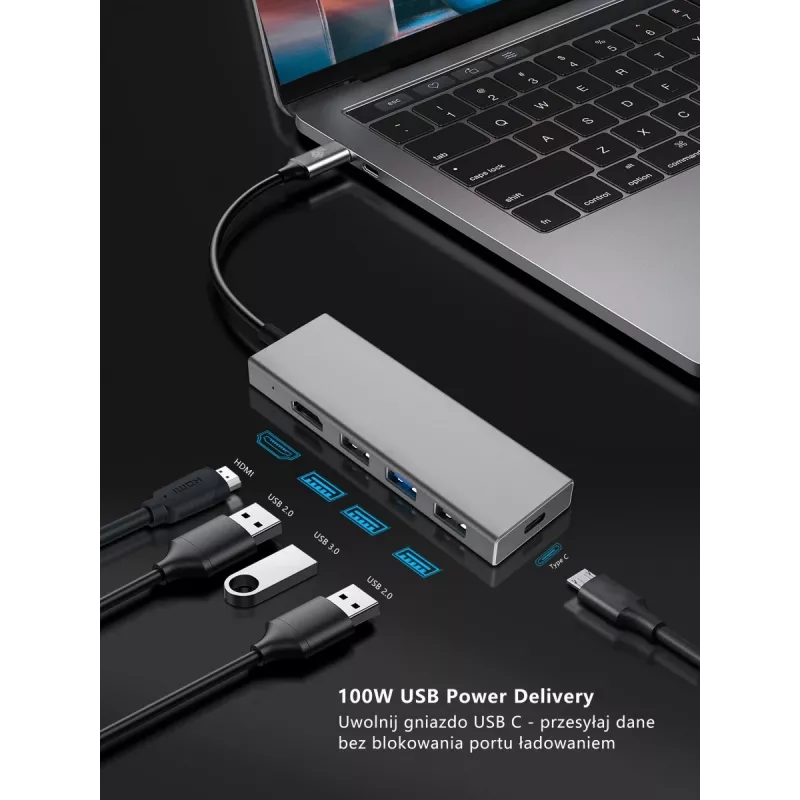 TB USB-C 7v1 adaptér USB 3.0, 2xUSB 2.0, HDMI, PD, SD/TF