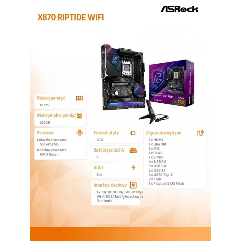 Základná doska ASRock X870 Riptide WiFi — ATX, AMD X870, Socket AM5, DDR5, 4 DIMM, 256 GB, Wi‑Fi 7, 2,5GbE