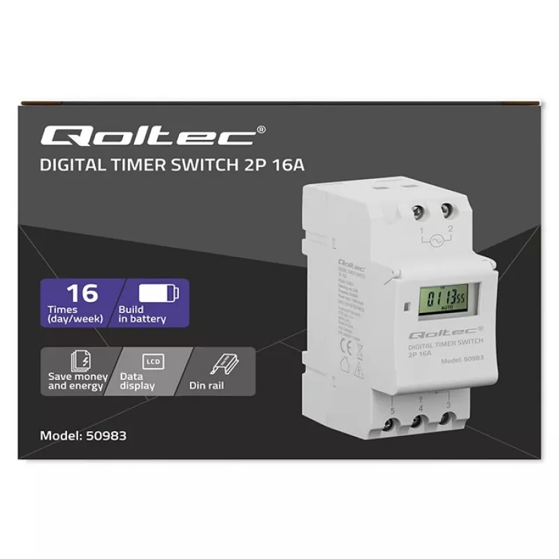 Elektronický časový spínač na DIN lištu QOLTEC 50983, na batérie, pre automatizačné obvody