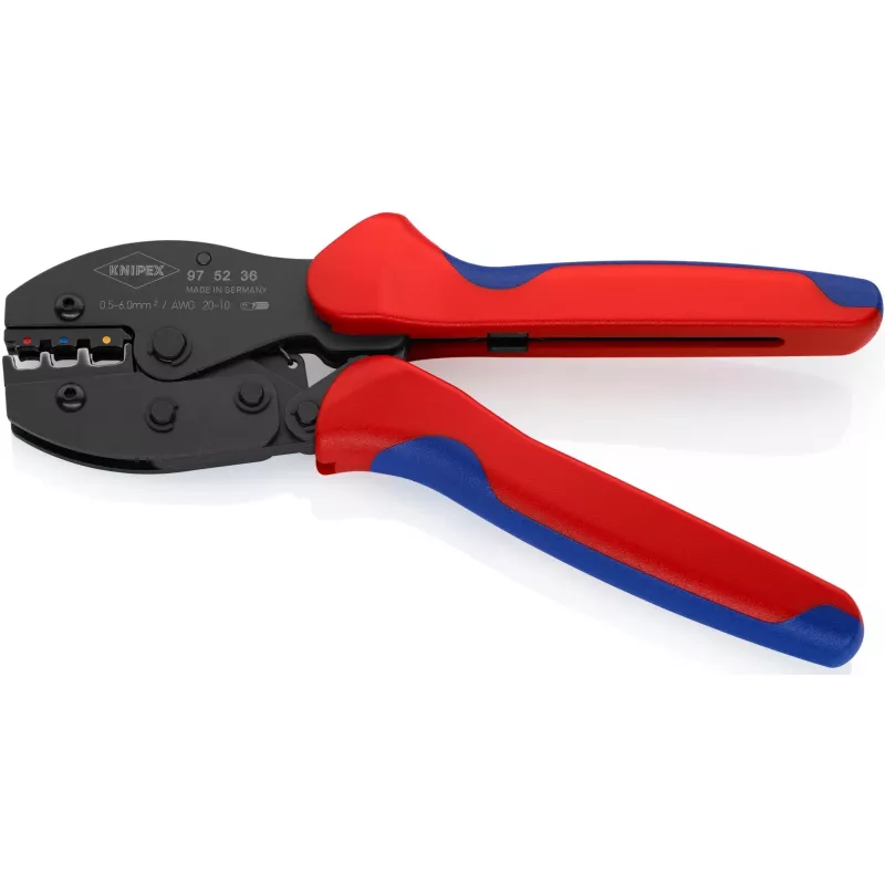 Krimpovacie kliešte Knipex PreciForce model 975236 SB — izolované rukoväte v čiernej, modrej a červenej