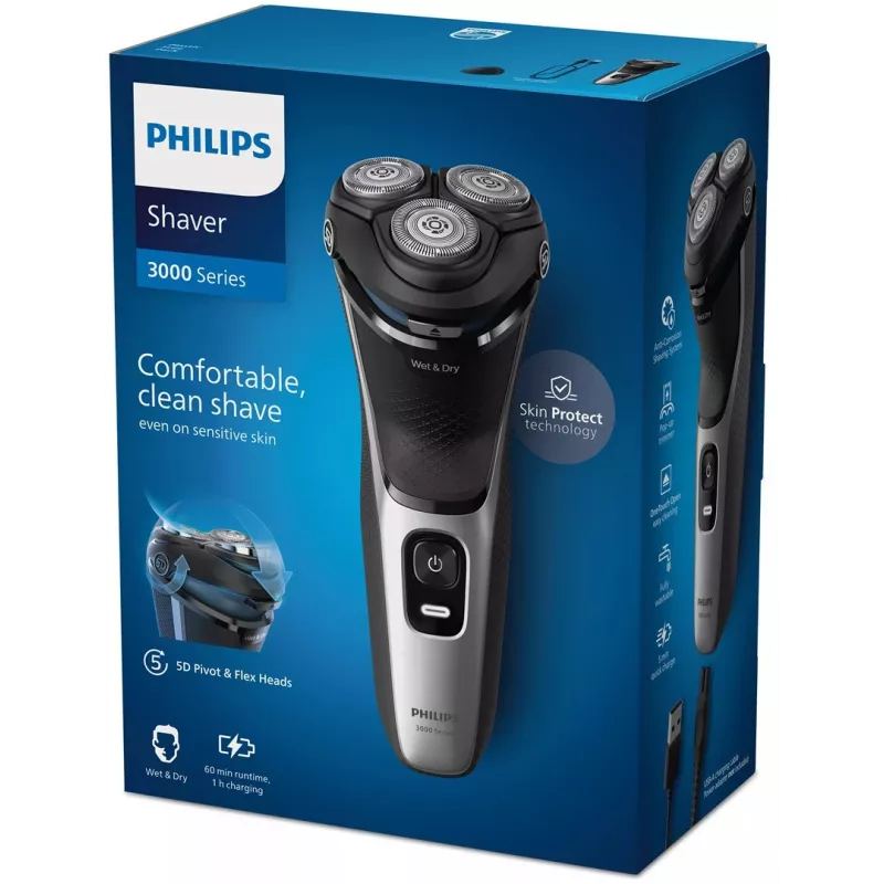 Elektrický holiaci strojček Philips 3000 séria S3143/00 — 3-hlavový rotačný systém, mokrý & suchý, Li-Ion, 60 minút prevádzky