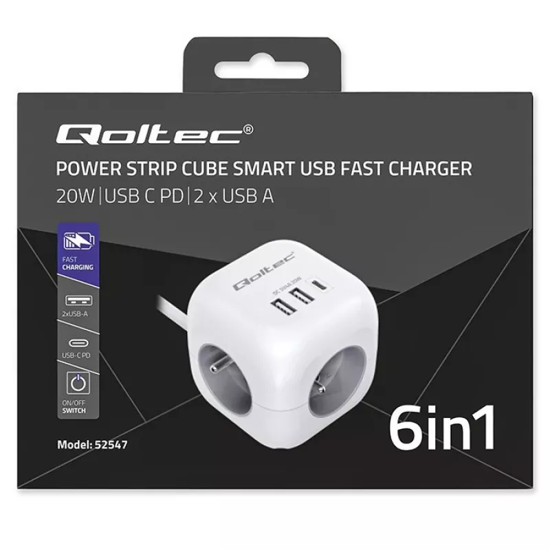 Power Cube QOLTEC 52547 predlžovacia zásuvka 3×AC zásuvky, 2×USB-A, 1×USB-C PD 20W