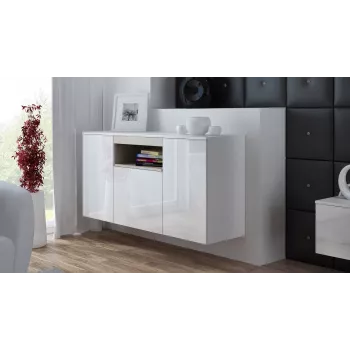 Komoda Cama Meble VIVA 150 — biela/biela vysoký lesk a sonoma dub, 3 dvere, 5 políc, 1500×450×800 mm