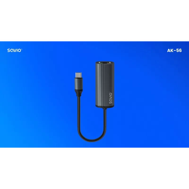 SAVIO adaptér USB-C 3.1 Gen.1 (M) na RJ-45 Gigabit Ethernet (F), 1000 Mbps, AK-56, sivý