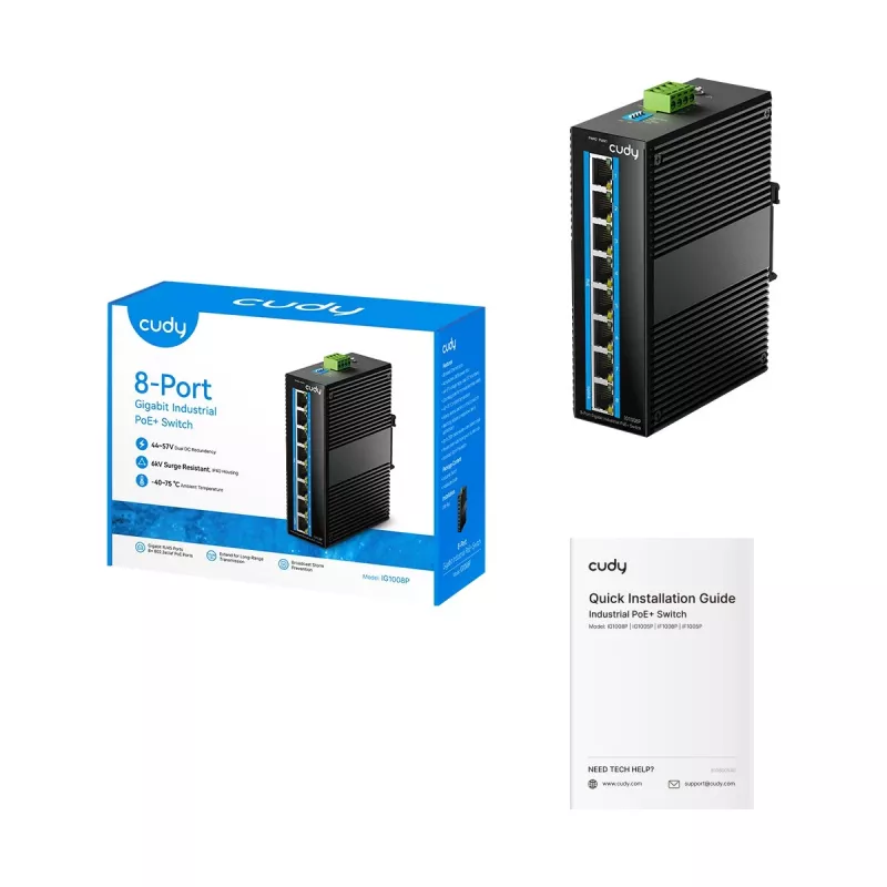 Neřízený Gigabit Ethernet PoE switch Cudy IG1008P — 8× Gigabit (10/100/1000), PoE, 48–57V, 20 Gbit/s, 8000 MAC, na stenu, čierny
