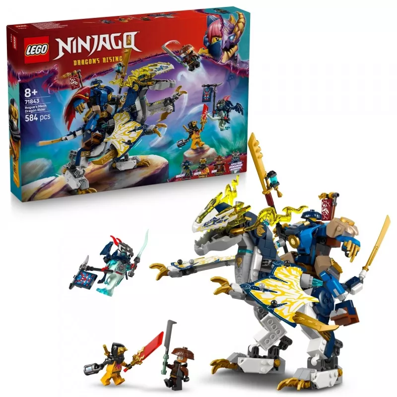 LEGO NINJAGO set 71843 Rogue’s Mech Dragon Rider — 584 dielov, 4 minifigúrky, výška modelu 190 mm