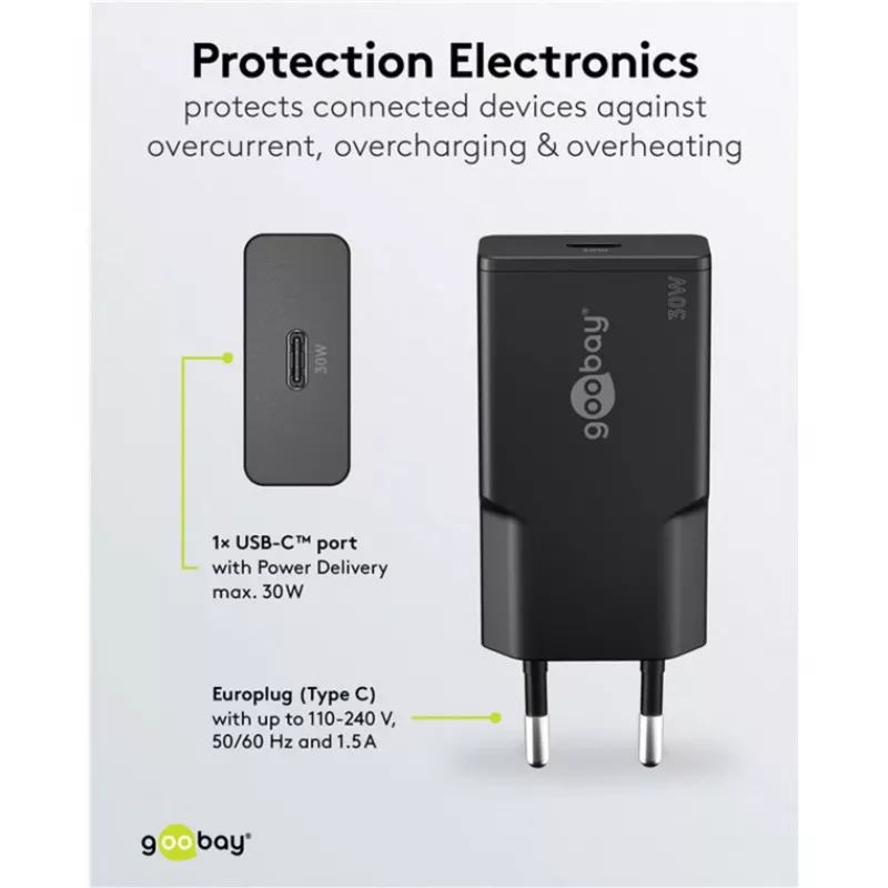 Goobay USB-C™ PD GaN rýchlonabíjačka štíhla (30 W) čierna