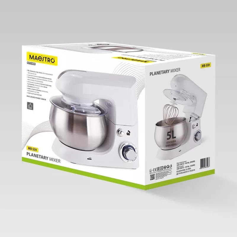 Planétový mixér Maestro MR-559, 5,0 l nerezová misa, 2000 W, 6 rýchlostí, otočný regulátor