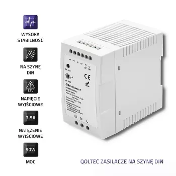 Qoltec 50914 lištový napájací zdroj | 90W | 12V | 7,5A | biely | tenký