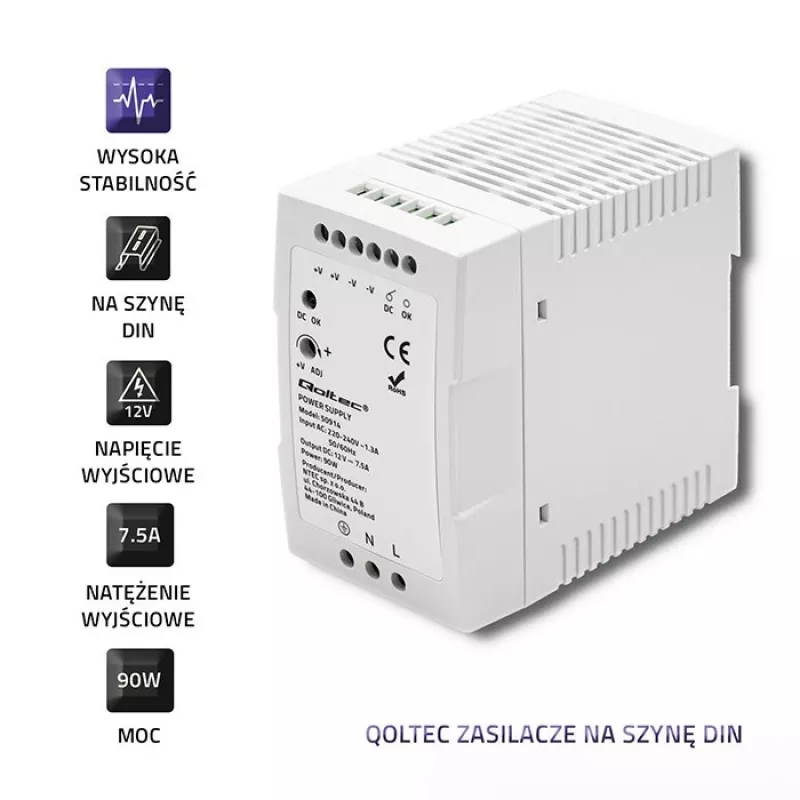 Qoltec 50914 lištový napájací zdroj | 90W | 12V | 7,5A | biely | tenký