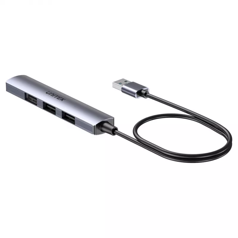 USB hub Unitek H1208CGY01 — 4-portový USB 3.0 (5 Gbit/s), spätne kompatibilný s USB 2.0, hliník