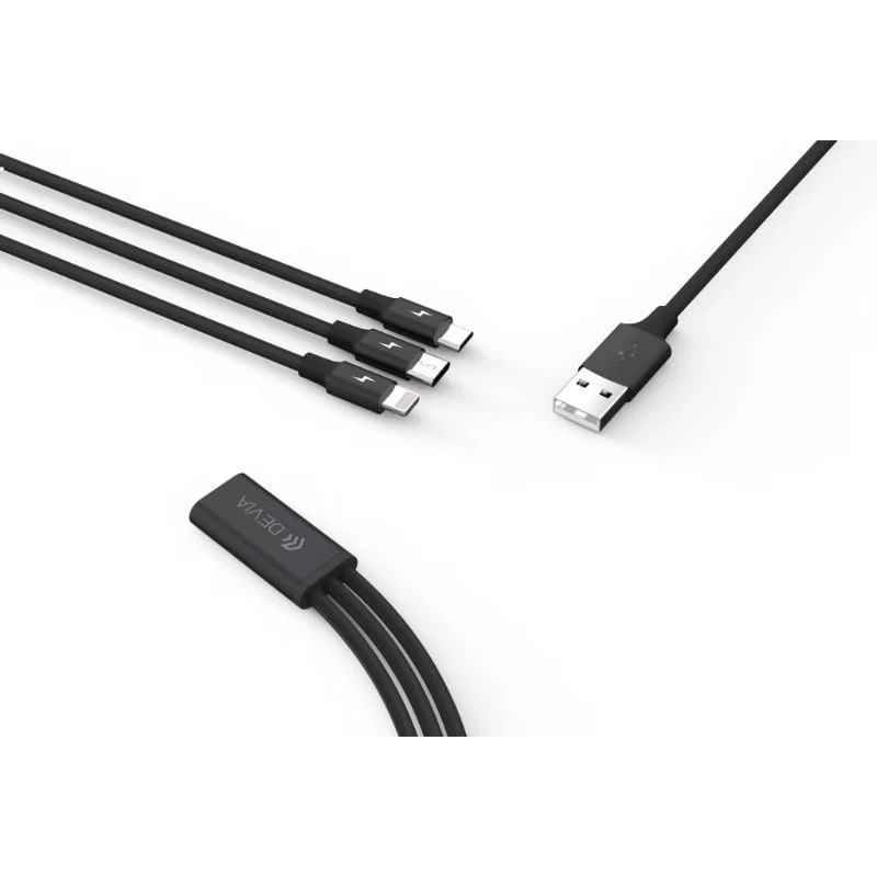 USB 3-in-1 nabíjací a dátový kábel Devia Kintone Series — Lightning, Micro-USB, USB-C, 1,2 m, čierny
