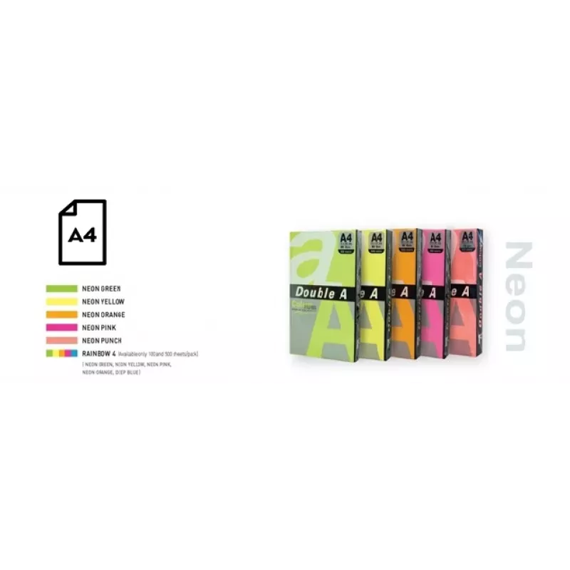 Farebný neónový papier Double A, 75 g, A4, 100 listov, Rainbow 4, 5 neónových farieb