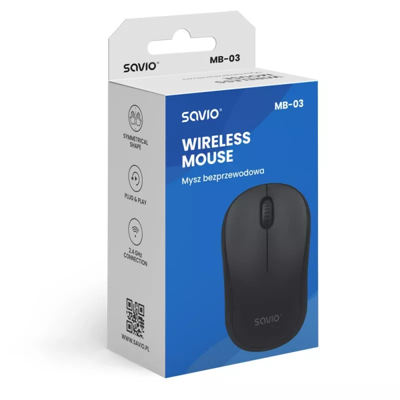 Savio MB-03 bezdrôtová optická myš, USB prijímač 2,4 GHz, 1000 DPI, 3 tlačidlá, batéria AA, 99x60x39 mm, 51 g, čierna