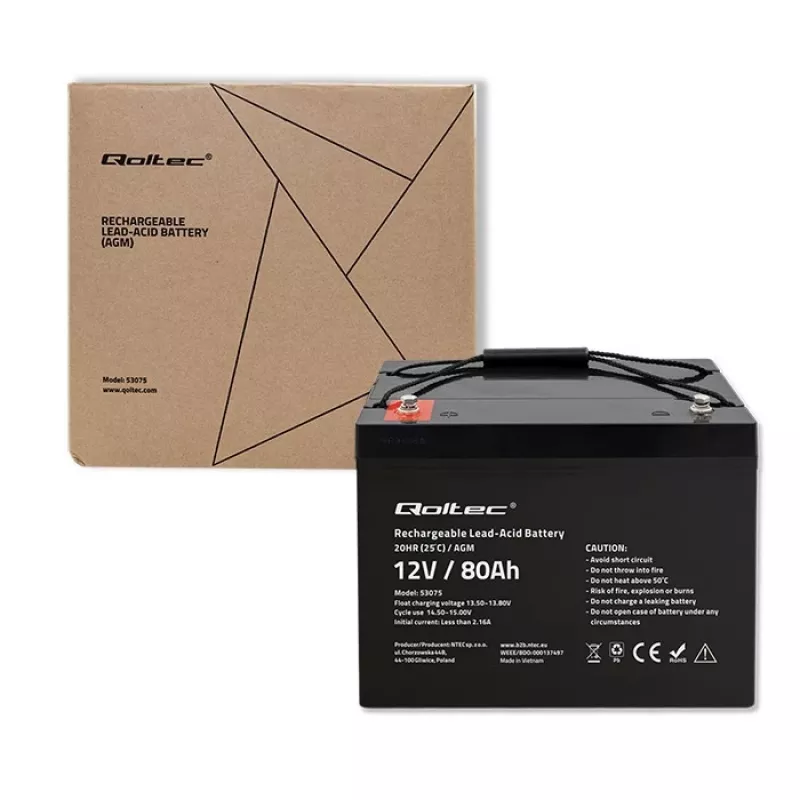 Qoltec Akumulátor AGM | 12V | 80Ah | 23,5kg | Bezúdržbový | Výkonný | LongLife | pre UPS, karavan, loď, pec