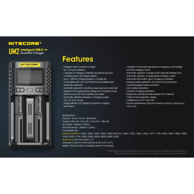 Nitecore UM2 nabíjačka batérií domáce batérie DC lítium-iónové nikel-kadmiové
