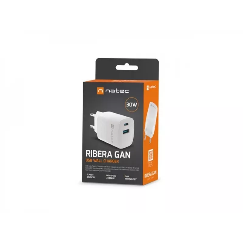 Káblová nabíjačka pre mobilné zariadenia NATEC NUC-2140, 30W, USB-C PD 3.0 + USB-A, Samsung AFC, biela