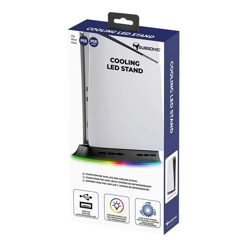 Chladiaci stojan SUBSONIC SA5656 pre PS5 a PS5 slim s LED osvetlením, multi-ventilátorové chladenie, napájaný cez USB