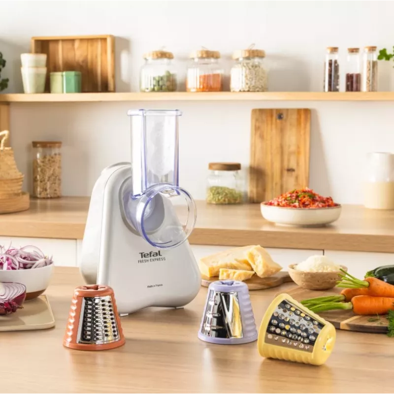 Elektrický krájač zeleniny Tefal Fresh Express DN853BE0 — 150 W, 3 vymeniteľné nástavce, 1 rýchlosť, krémová