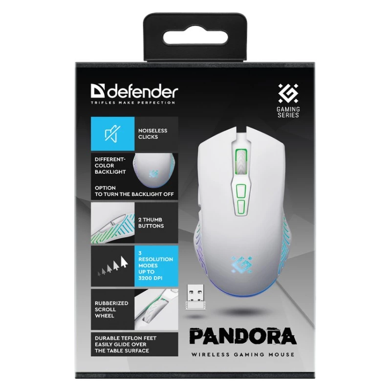 Bezdrôtová herná myš DEFENDER Pandora White – obojručná, 3200 DPI, 6 tlačidiel, programovateľná, optická, USB