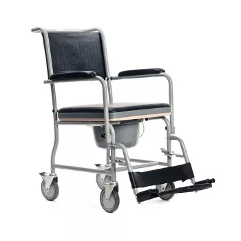 Toaletný invalidný vozík MDH PLW006VC — skladacia toaletná stolička z ocele, 4 kolesá, max. 110 kg, sedacia plocha 43×43 cm, šírka 530 mm, hmotnosť 11,2 kg