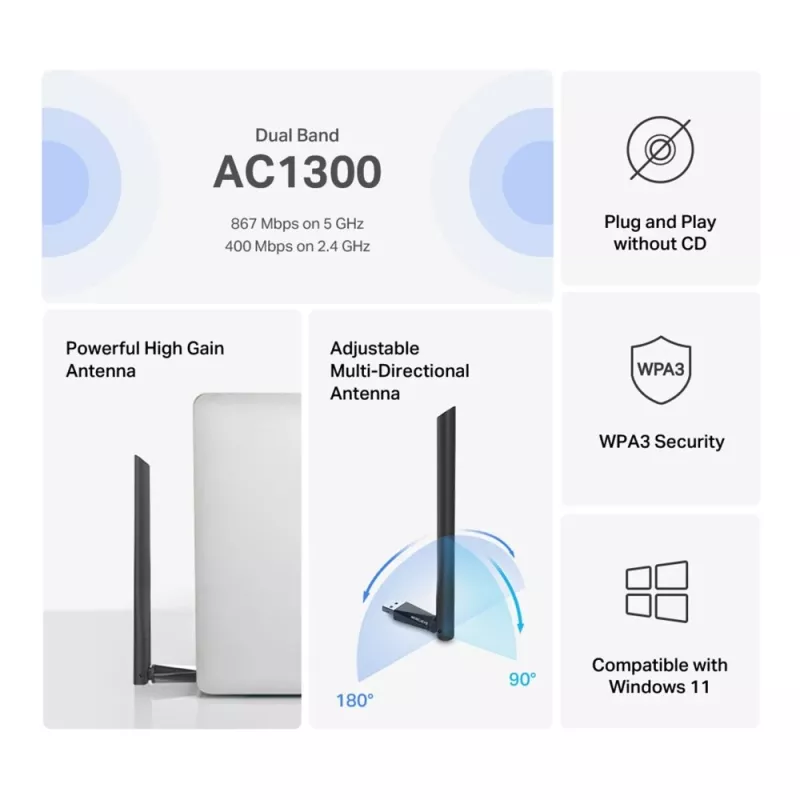 Mercusys MA30H AC1300 High Gain dvojpásmový Wi-Fi USB adaptér, čierny