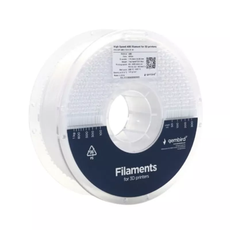 Gembird ABS High Speed filament, 1,75 mm, 1 kg, biely