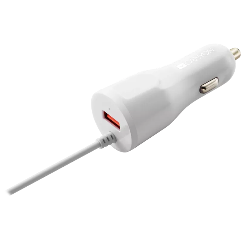 CANYON autonabíjačka C-033 2,4A/USB-A s integrovaným Lightning konektorom biela