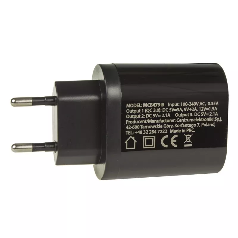 USB nástenná nabíjačka MACLEAN MCE479B — 3x USB porty, 18W celkový výkon, kompaktná