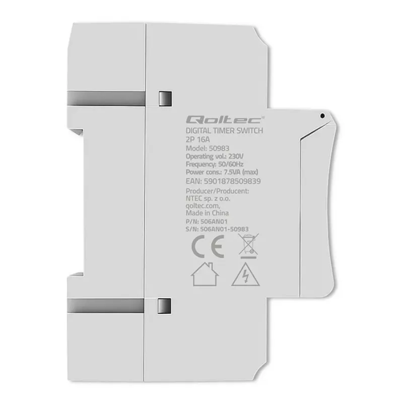 Elektronický časový spínač na DIN lištu QOLTEC 50983, na batérie, pre automatizačné obvody
