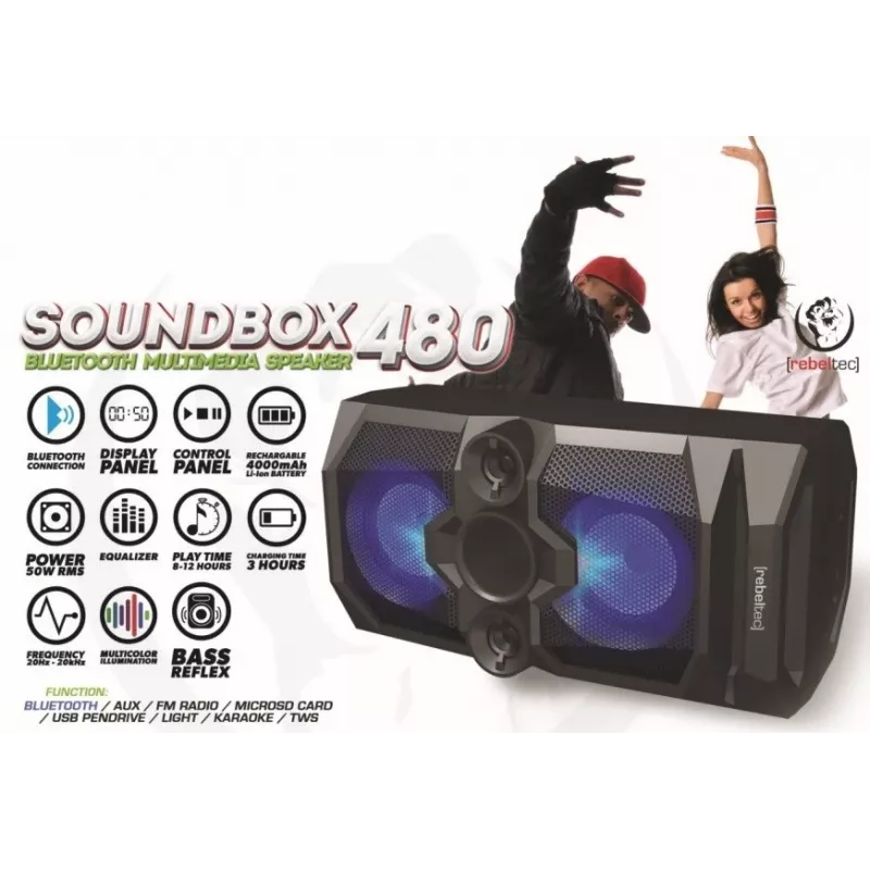 Rebeltec SoundBox 480 prenosný Bluetooth stereo reproduktor čierny, 50W RMS