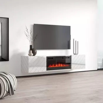 TV skriňa cama meble LUXE 1826×345×375 mm biela lesklá so zabudovaným čiernym elektrickým krbom (1400–1600 W)