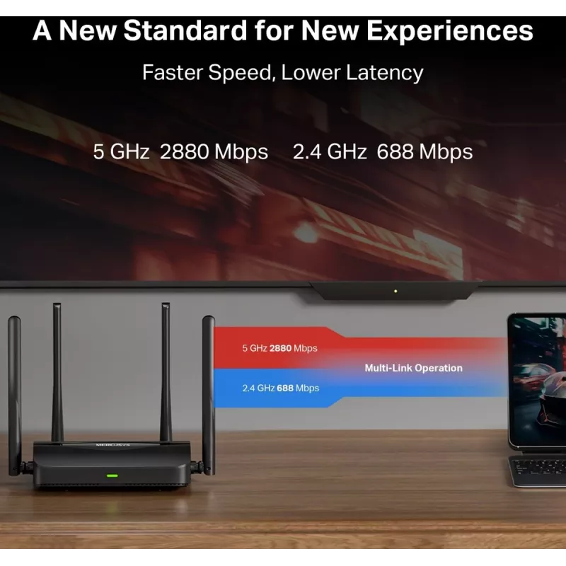 Stolný router MERCUSYS MR25BE EasyMesh Wi‑Fi 7 Dual‑Band 2,4/5 GHz, 3600 Mbit/s, 3× Gigabit-LAN, 4 externé antény