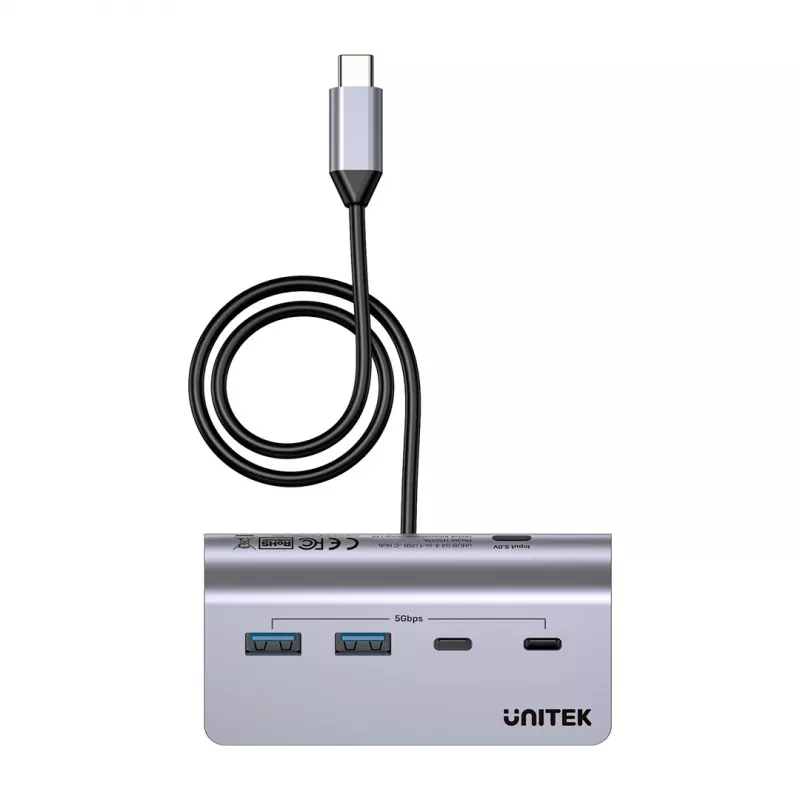 USB hub Unitek H1337AGY01 – 4 porty (2×USB-C, 2×USB-A), až do 5 Gbit/s na port, hliník, strieborný