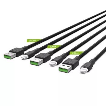 Sada 3x kábel Green Cell GC Ray Lightning 200 cm s bielym LED podsvietením, rýchle nabíjanie Apple 2.4A