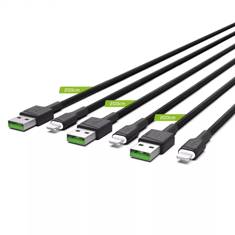 Sada 3x kábel Green Cell GC Ray Lightning 200 cm s bielym LED podsvietením, rýchle nabíjanie Apple 2.4A
