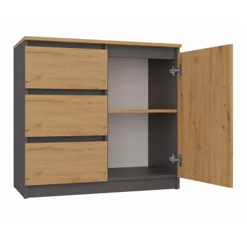 Komoda Top e Shop Topeshop 1D3S ANT/ART BA KPL — antracitová a dub, 3 zásuvky, korpus z drevotriesky