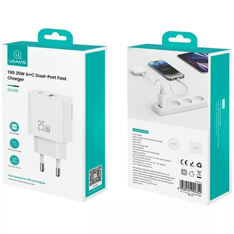 Nabíjačka usams USA001630 25W, 1× USB-A + 1× USB-A, rýchle nabíjanie