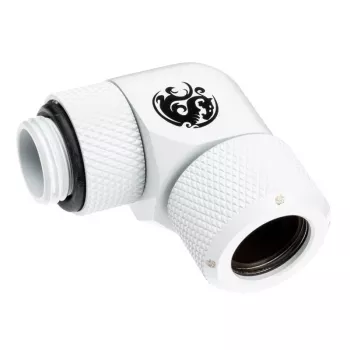 Fitting BitsPower BP-DWE90RMLA12 — mosadzný 90° uhlový konektor, biela, Ø 12 mm
