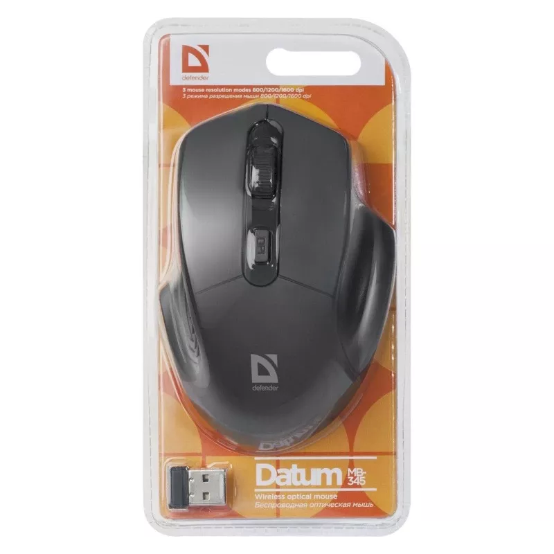 Bezdrôtová optická myš DEFENDER Datum MB-345 RF, obojručná/pravoručná, 1600 DPI, 3 tlačidlá, USB RF prijímač, čierna