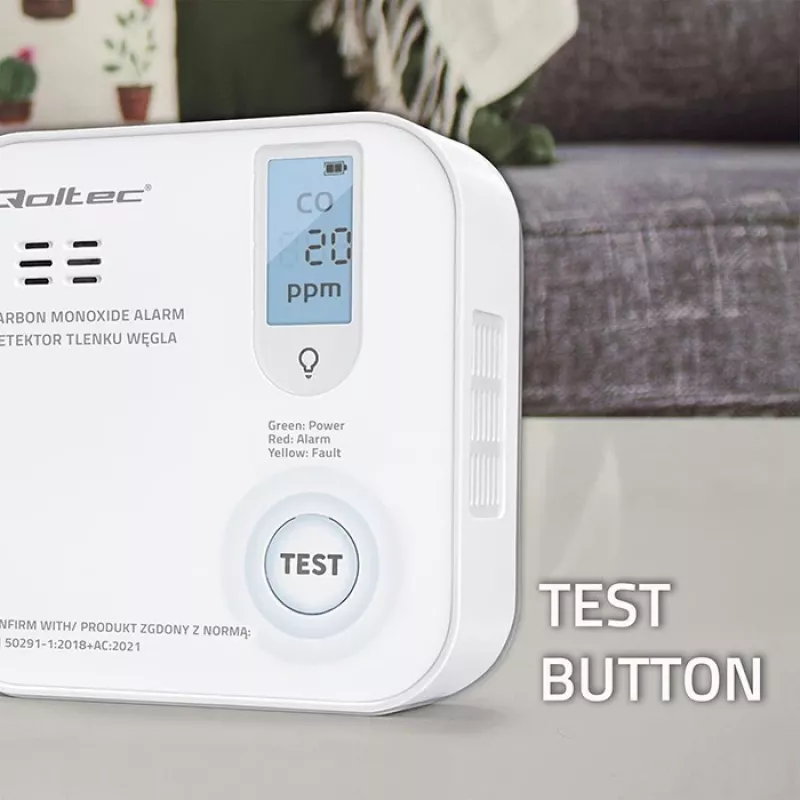 Senzor oxidu uhoľnatého QOLTEC 52577 — alarm na batérie, hladina zvuku 85 dB