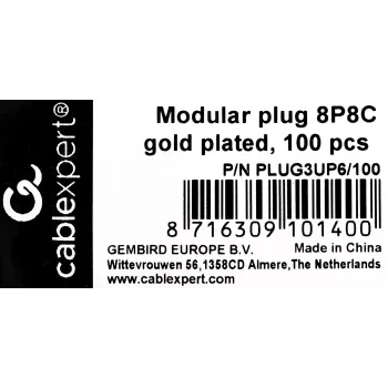 RJ45 konektor samec GEMBIRD PLUG3UP6/100, Cat5, rovný konektor, transparentný, pozlátené kontakty, balenie 100 ks