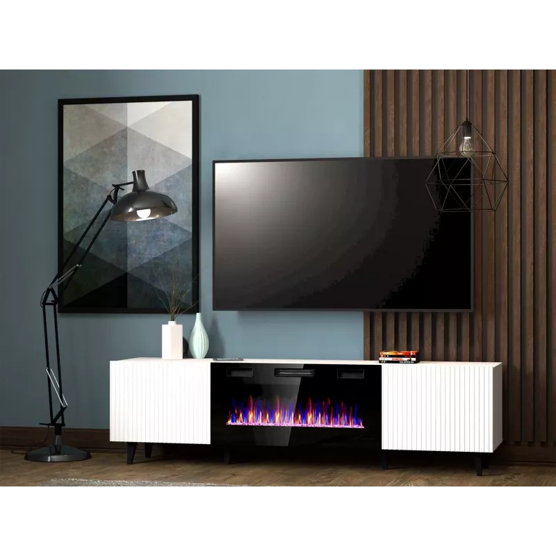 TV skriňa Cama Meble PAFOS EF s elektrickým krbom 180×42×49 cm, biela matná