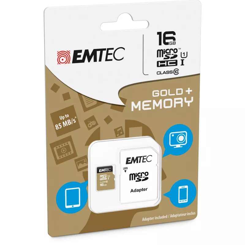 EMTEC Gold+ - Flash pamäťová karta (SD adaptér v balení) - 16 GB - Class 10 - microSD - zlatá (ECMSDM16GHC10GP)