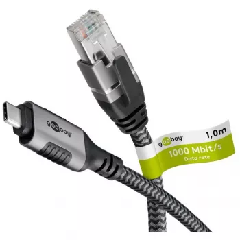 Wentronic goobay - sieťový kábel - 24 Pin USB-C (M) na RJ-45 (M) - 1,0 m - 6 mm - FTP - CAT 6 - USB 3.1 - pletený kábel - čierna, strieborná (70696)