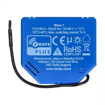 Smart relé Shelly Qubino Wave 1 plast 110–240V 16A, Z-Wave 868,4 MHz, modrá, nástenná montáž